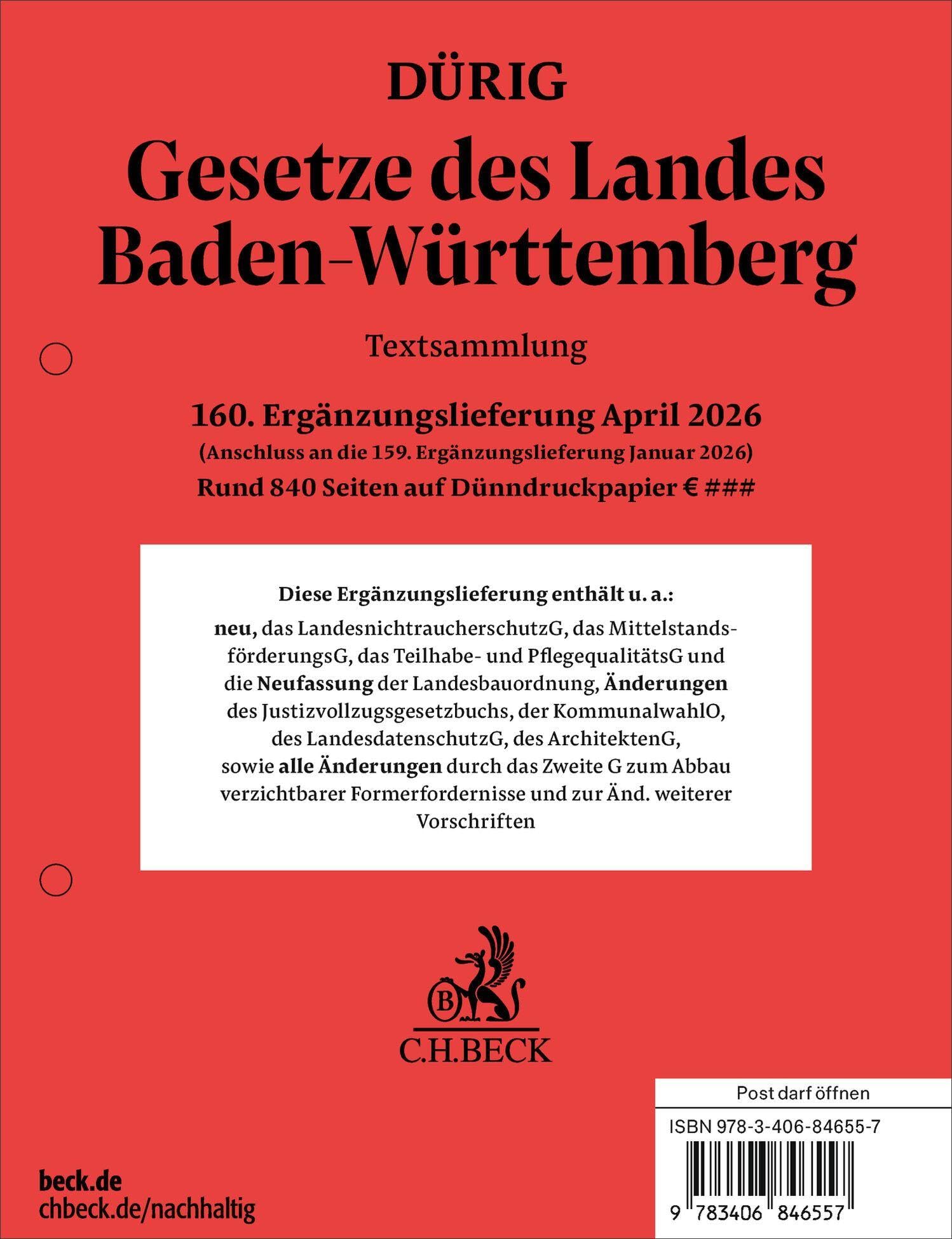 Gesetze des Landes Baden-Württemberg 160. Ergänzungslieferung