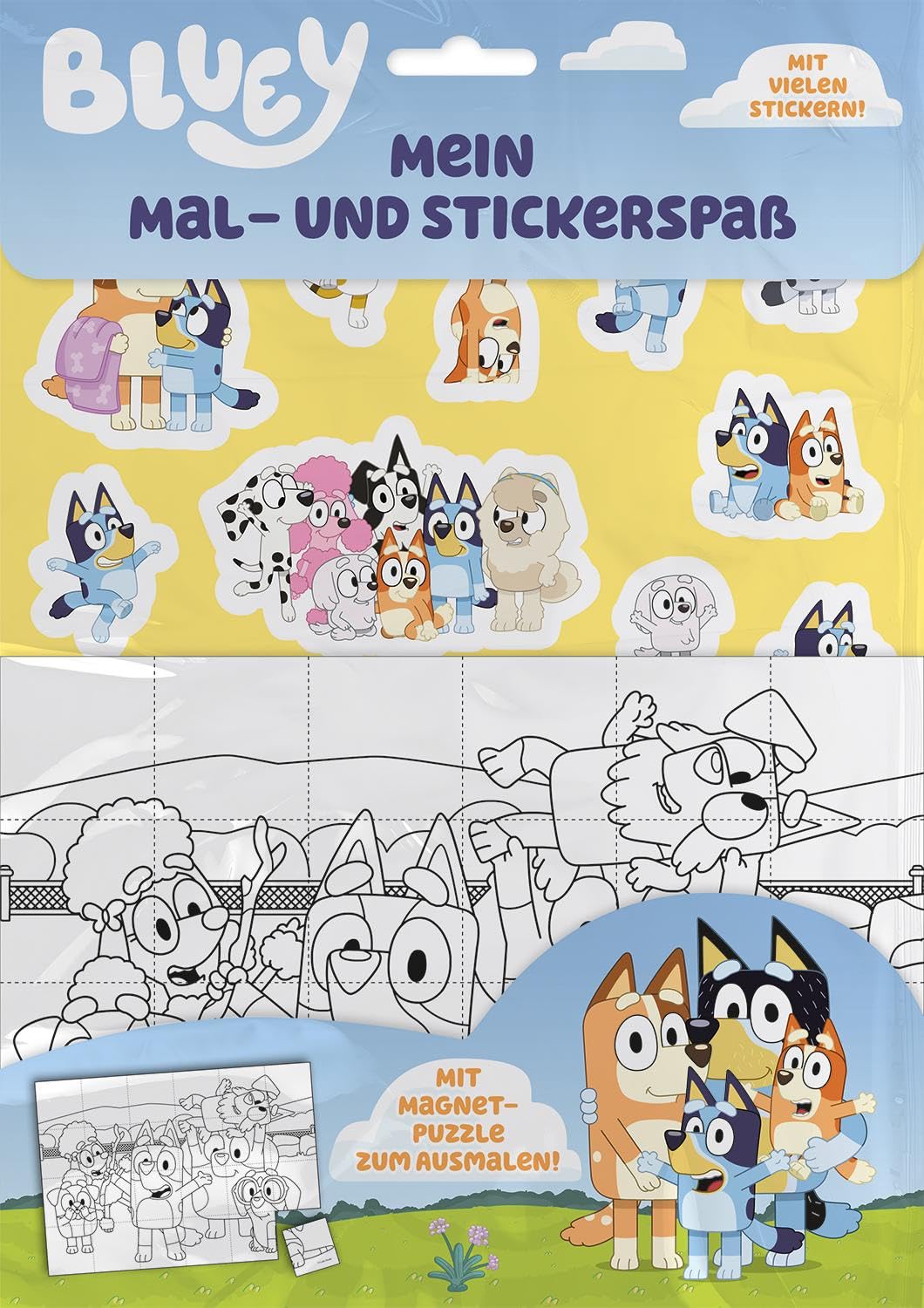 Bluey: Mein Mal- und Stickerspaß: Malset mit 8 Malbögen, Stickerbogen und Magnetpuzzle im Polybag