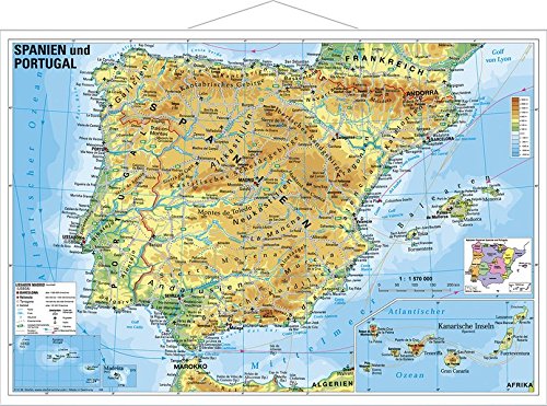 Spanien und Portugal physisch: Wandkarte mit Metallbeleistung