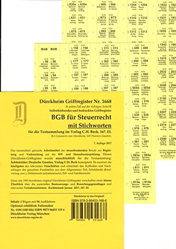 BGB im Steuerrecht mit Stichworten, Griffregister Nr. 1668 (2017/2018): 94 bedruckte Griffregister für das Bürgeliche Gesetzbuch mit Stichworten aus ... steuerrechtlicher Relevanz des BGB.