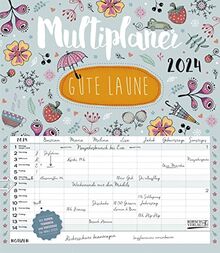 Multiplaner - Gute Laune 2024: Familienplaner, 7 breite Spalten. Großer Familienkalender mit Ferienterminen, extra Spalte, Vorschau bis März 2025 und Datumsschieber. Format: 40x46 cm