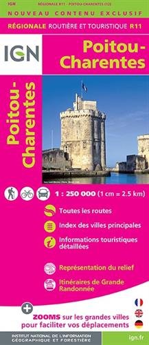 Poitou - Charentes 2015. 1 : 250 000: Réseau autoroutier gratuit et payant. Index des villes principales. Informations touristiques détaillées
