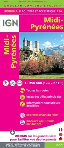 Midi-Pyrénées 2015. 1 : 250 000: Réseau autoroutier gratuit et payant. Index des villes principales. Informations touristiques détaillées