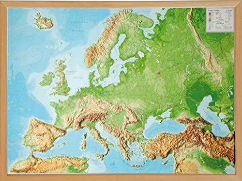 Europa, Reliefkarte 1:8.000.000 mit Naturholzrahmen: Tiefgezogenes Kunststoffrelief