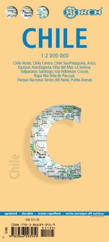 Chile 1 : 2 000 000: Maps: Chile sur Patagonia 1:2 000 000; Parque Nacional Torres del Paine 1:240 000; Isla Robinson Crusoe 1:200 000; Rapa Nui Isla ... 000; Viña del Mar 1:22 000; Santiago 1:20 000