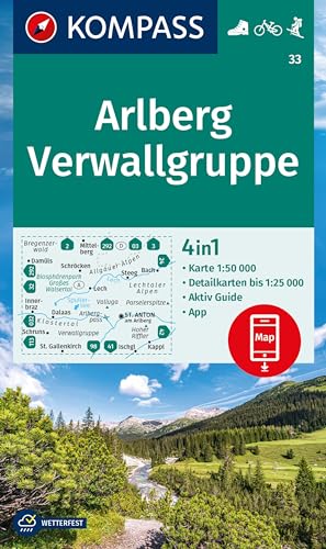 unbekannt Kompass Wanderkarte 33 Arlberg, Verwallgruppe 1, 50.000, 4in1 Wanderkarte Mit Aktiv Guide Und Detailkarten Inklusive Karte Zur Offline Verwendung In