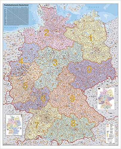 Stiefel Wandkarte Großformat ohne Metallstäbe   Stiefel Wandkarte Großformat Deutschland PLZ-Karte ohne Metallstäbe Karte (im Sinne von Landkarte)