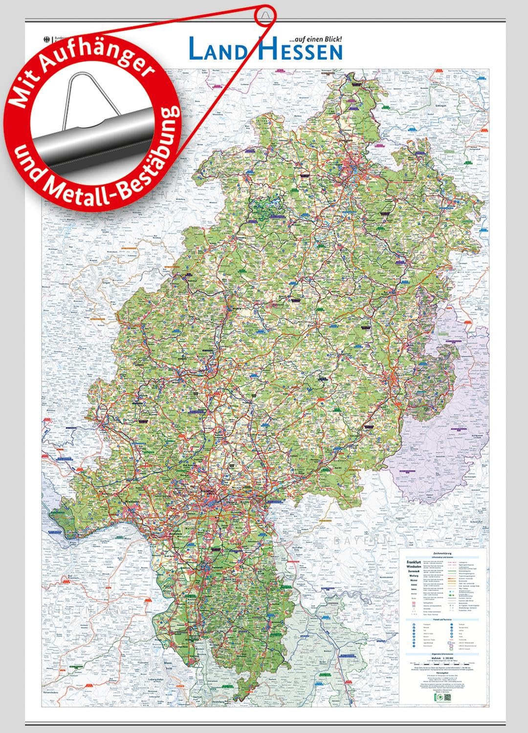Land Hessen auf einen Blick!: Wandkarte mit Aufhänger und Bestäbung (Wandkarten des BKG)