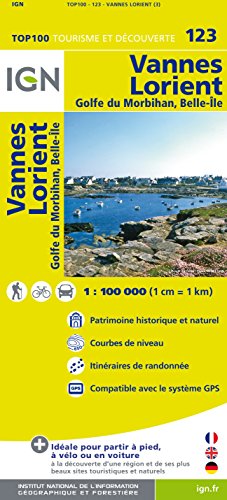 IGN 1 : 100 000 Vannes Lorient: Top 100 Tourisme et Découverte. Patrimoine historique et naturel / Courbes de niveau / Routes et chemins / Itinéaires de randonnée / Compatible GPS