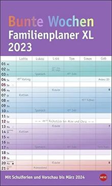 Bunte Wochen Familienplaner XL 2023 - extra-breiter Wandkalender mit Monatskalendarium, 6 Spalten, Schulferien, 3-Monats-Ausblick Januar bis März 2024 - 27 x 45 cm