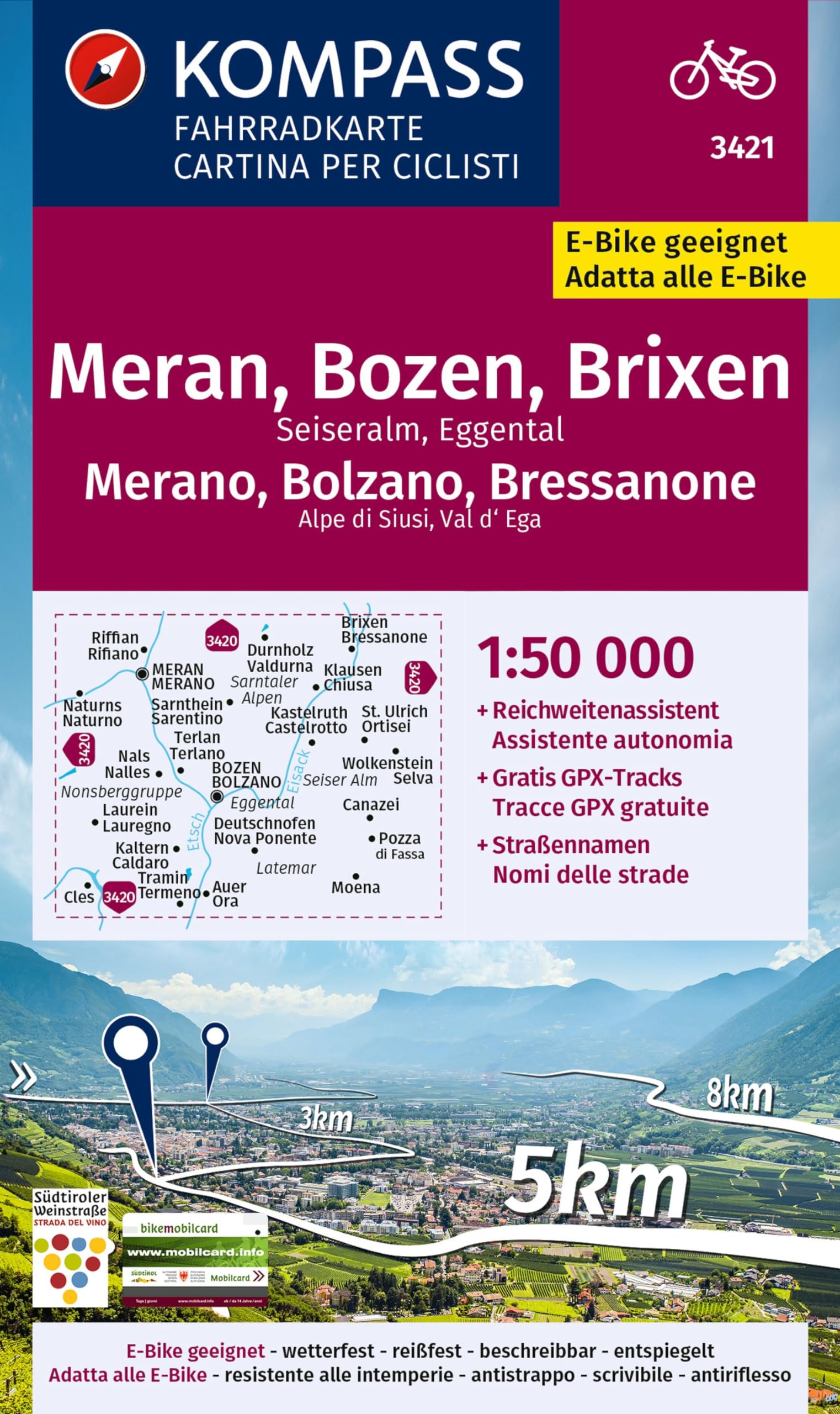 KOMPASS Fahrradkarte 3421 Meran, Bozen und Umgebung 1:50.000: reiß- und wetterfest mit Extra Stadtplänen