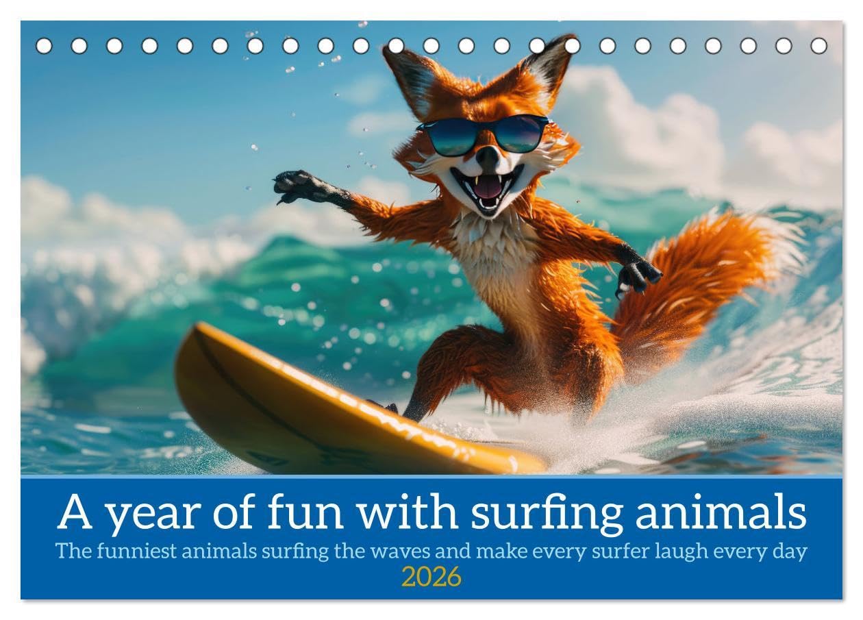 A year of fun with surfing animals (Desk Calendar 2026 DIN A5 landscape), CALVENDO 12 Month DeskCalendar: Funny animals in surfer style surf the ocean on a surfboard