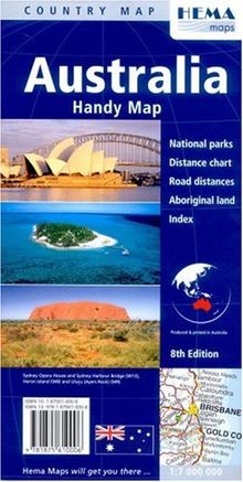 Australia Handy Map 1 : 6 500 000: National parks - Distance charts - Road distances - Index - City maps (Hema Maps International)