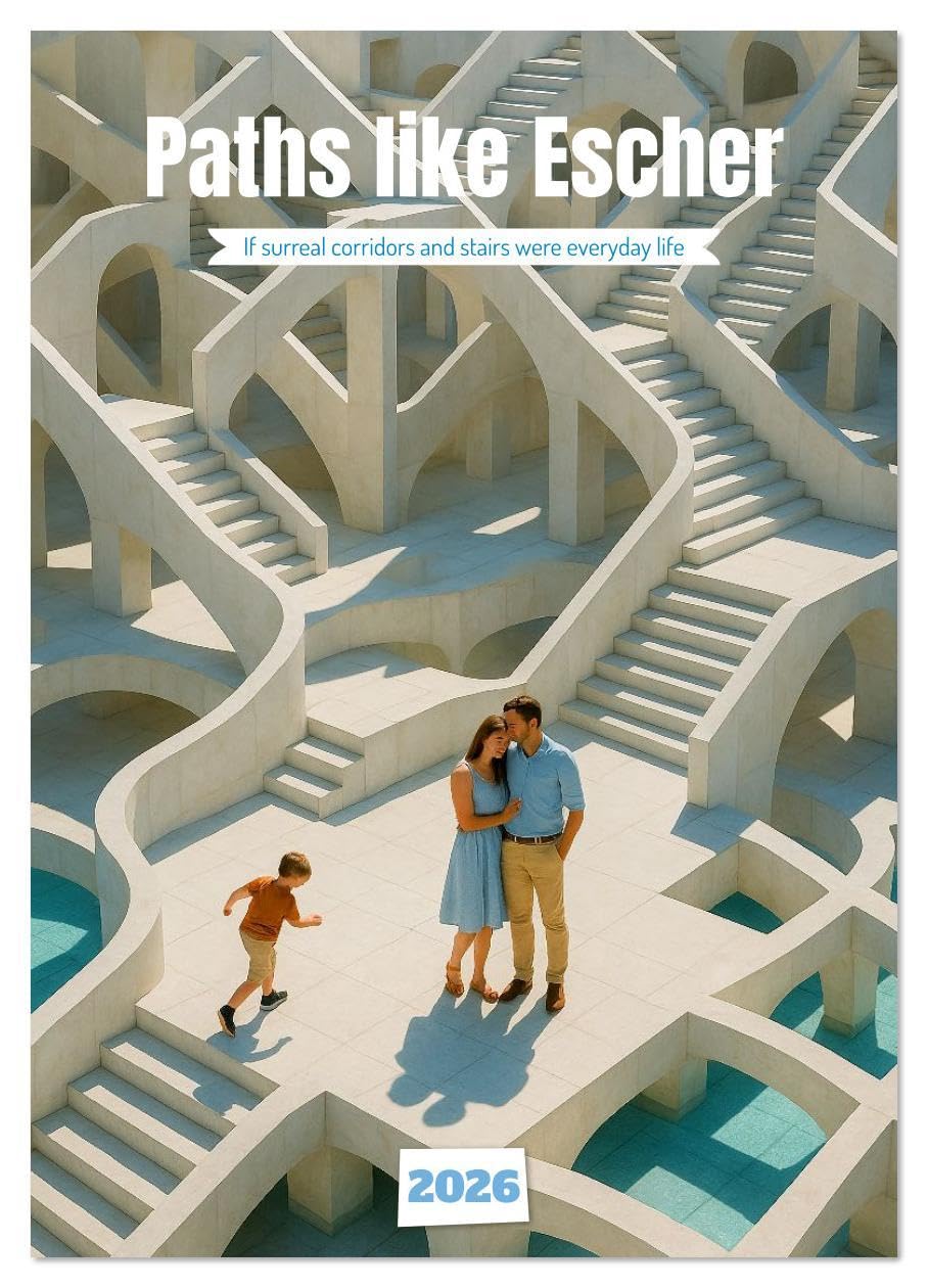 Paths like Escher (Wall Calendar 2026 DIN A2 portrait), CALVENDO 12 Month Wall Calendar: Surreal dream worlds that invite you to get lost and marvel - impossible perspectives full of magic