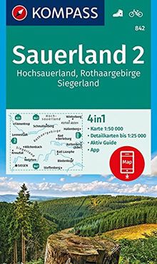 Sauerland 2, Hochsauerland, Rothaargebirge, Siegerland: 4in1 Wanderkarte 1:50000 mit Aktiv Guide und Detailkarten inklusive Karte zur offline ... (KOMPASS-Wanderkarten, Band 842)