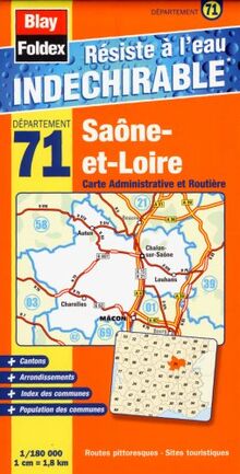 Saône-et-Loire (71). Carte Départementale, Administrative et Routière (échelle : 1/180 000)