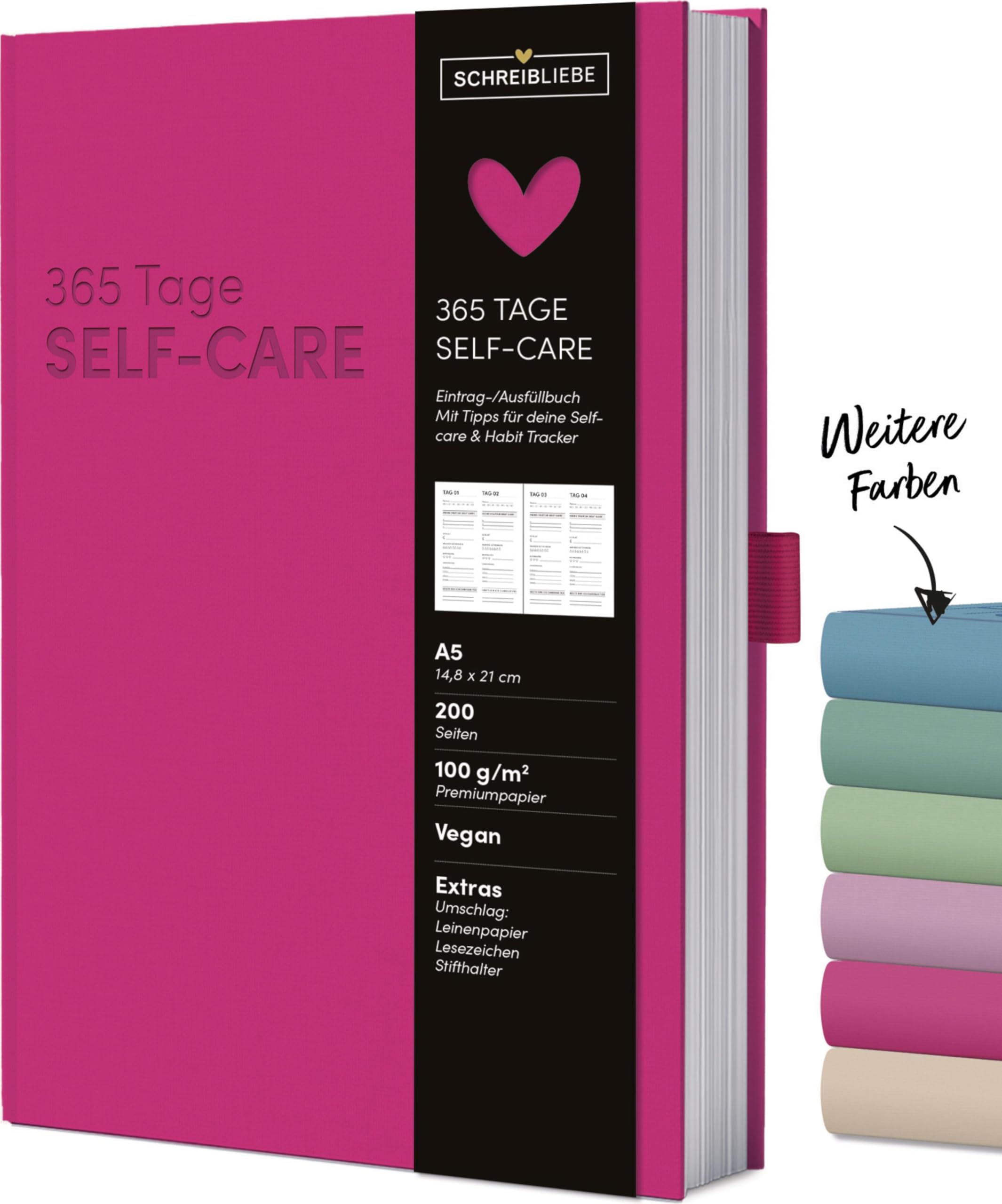 Self-care-Tagebuch Fuchsia: 365 Tage Ausfüllbuch A5, für mehr Selbstliebe und Dankbarkeit, mit Lesebändchen und Stiftehalter 200 Seiten Schreibliebe