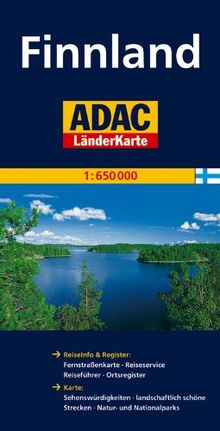 ADAC Länderkarte Finnland 1:650.000: ReiseInfo & Register: Fernstraßenkarte, Reiseservice, Reiseführer, Ortsregister. Karte: Sehenswürdigkeiten, ... schöne Strecken, Natur- und Nationalparks