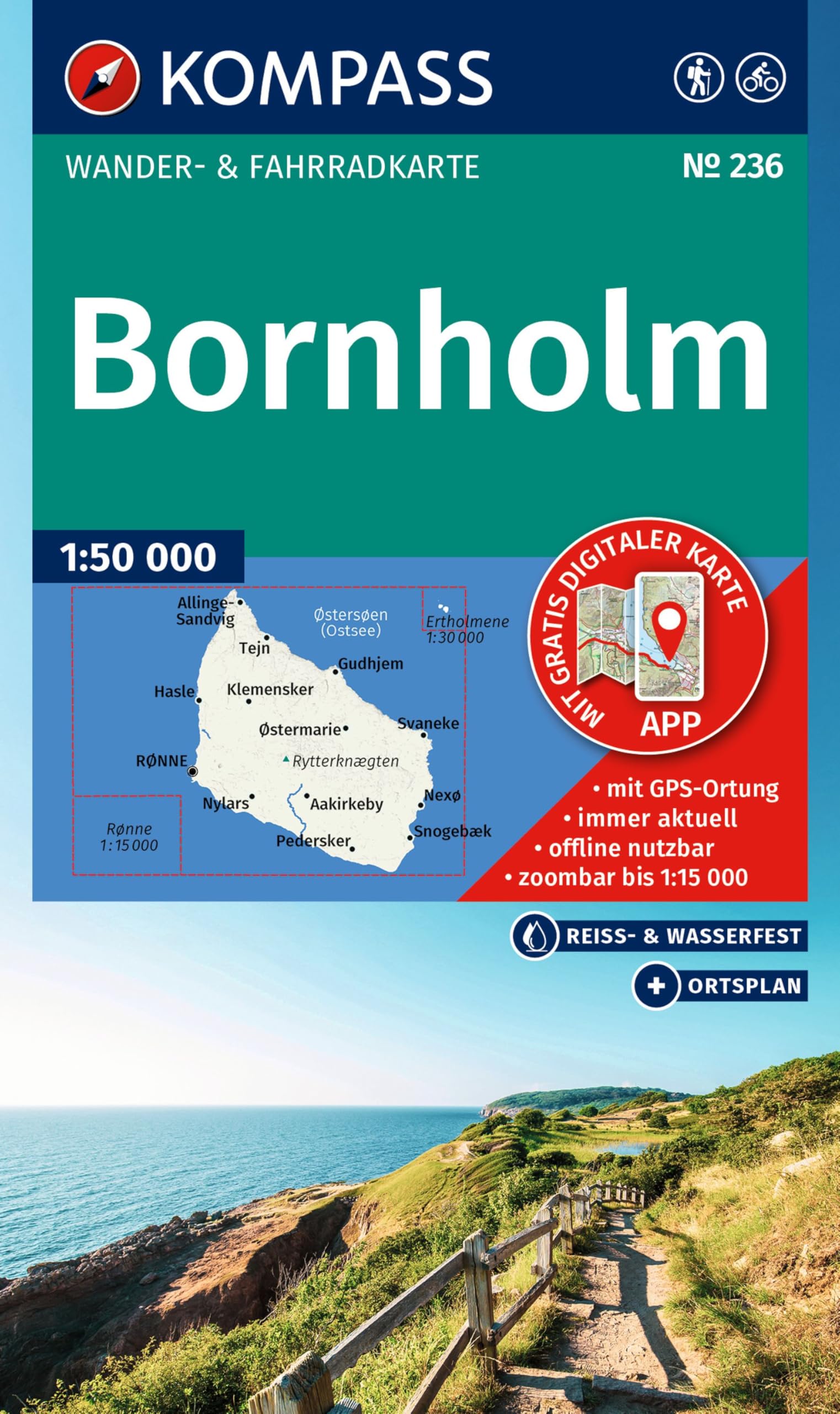 KOMPASS Wanderkarte 236 Bornholm 1:50.000: Wander- und Fahrradkarte in einem - inklusive Offline-Verwendung in der KOMPASS-App. Wander-& Radwege.