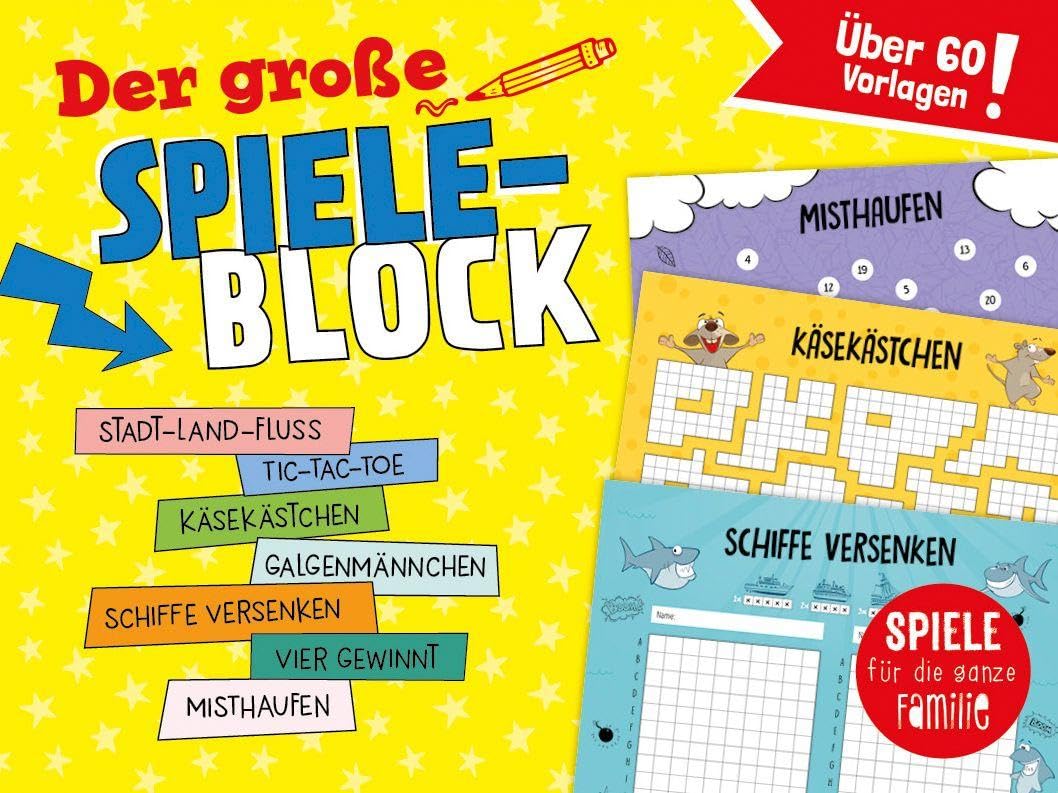 Der große Spieleblock - Spiele für die ganze Familie: Über 60 Vorlagen I Stadt-Land-Fluss I Käsekastchen und mehr