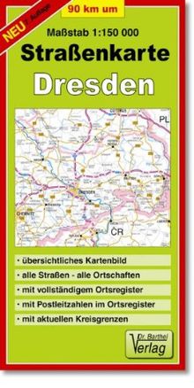 Straßenkarte 90 km um Dresden: 1:150000