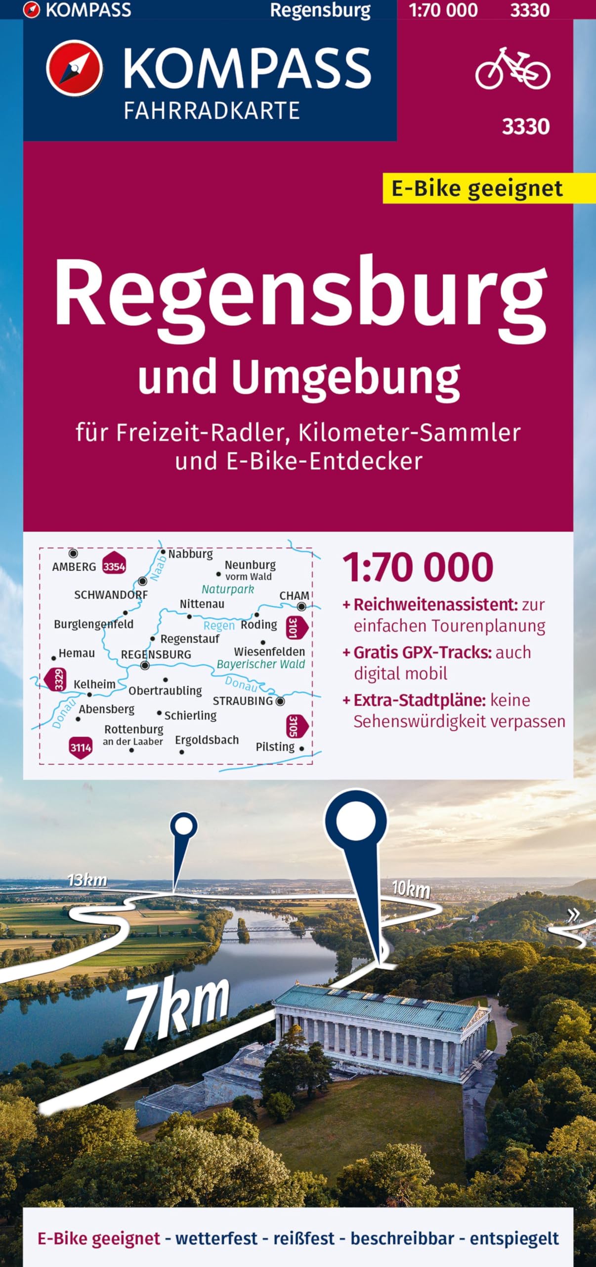 KOMPASS Fahrradkarte 3330 Regensburg und Umgebung 1:70.000: reiß- und wetterfest mit Extra Stadtplänen