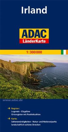 ADAC Länderkarte Irland 1:300.000: Register: Legende, Citypläne, Ortsregister mit Postleitzahlen. Karte: Sehenswürdigkeiten, Natur- und Nationalparks, landschaftlich schöne Strecken