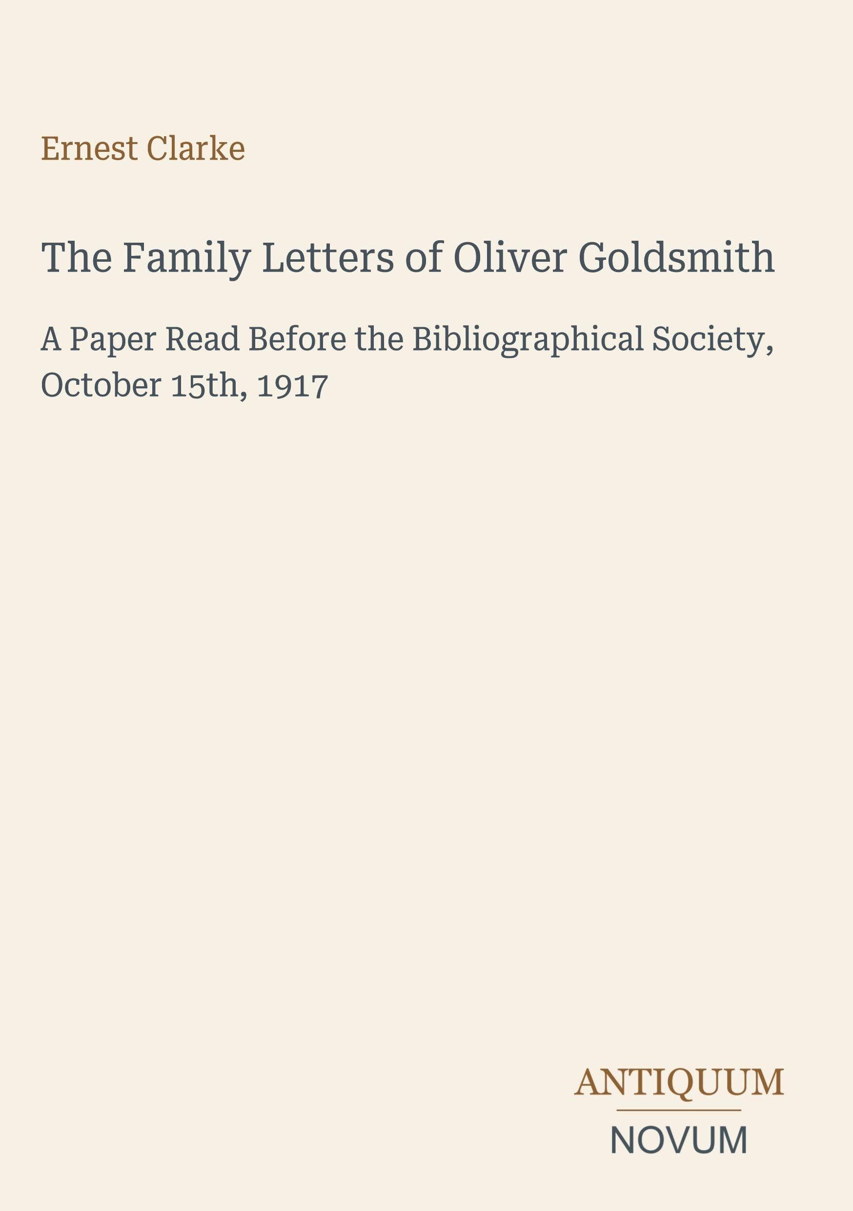 The Family Letters of Oliver Goldsmith