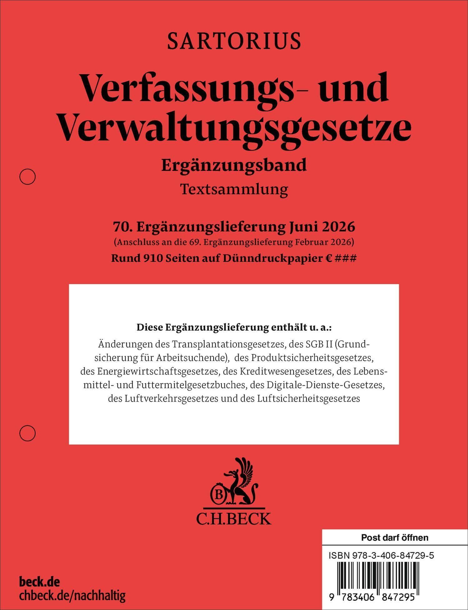 Verfassungs- und Verwaltungsgesetze. Ergänzungsband 70. Ergänzungslieferung