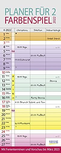 Farbenspiel - Planer für 2 2022: Familienplaner mit 3 breiten Spalten. Familienkalender mit farbigen Wochen, Ferienterminen, Vorschau bis März 2023.