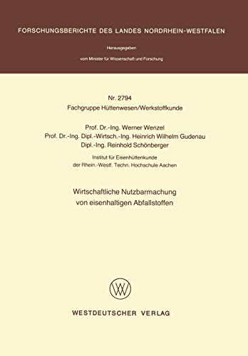 Wirtschaftliche Nutzbarmachung von eisenhaltigen Abfallstoffen (Forschungsberichte des Landes Nordrhein-Westfalen / Fachgruppe ... Landes Nordrhein-Westfalen, 2794, Band 2794)