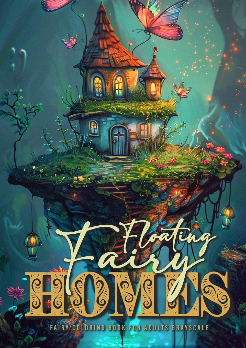Monsoon Publishing Floating Fairy Homes Coloring Book For Adults Grayscale, Whimsical Houses Coloring Book | Grayscale Fairy Houses Coloring Book For Adults - Floating