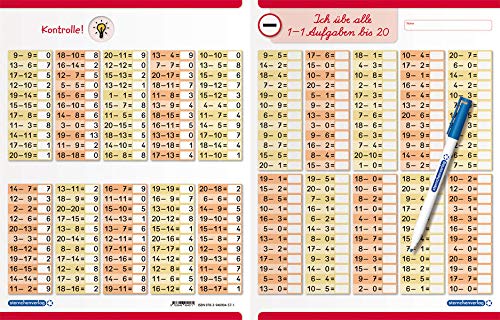 Ich übe alle Subtraktionsaufgaben im Zahlenraum bis 20 mit Stift: Wiederbeschreibbare Lerntafel - 240 Aufgaben mit Selbstkontrolle