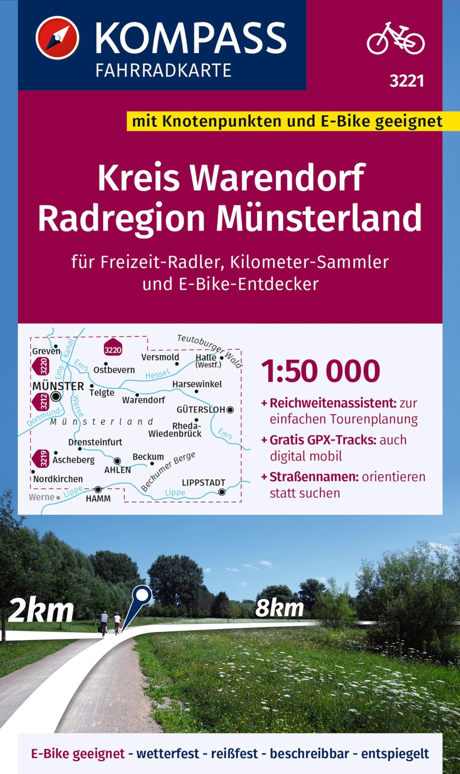 KOMPASS Fahrradkarte 3221 Kreis Warendorf - Radregion Münsterland mit Knotenpunkten 1:50.000: reiß- und wetterfest mit Straßennamen